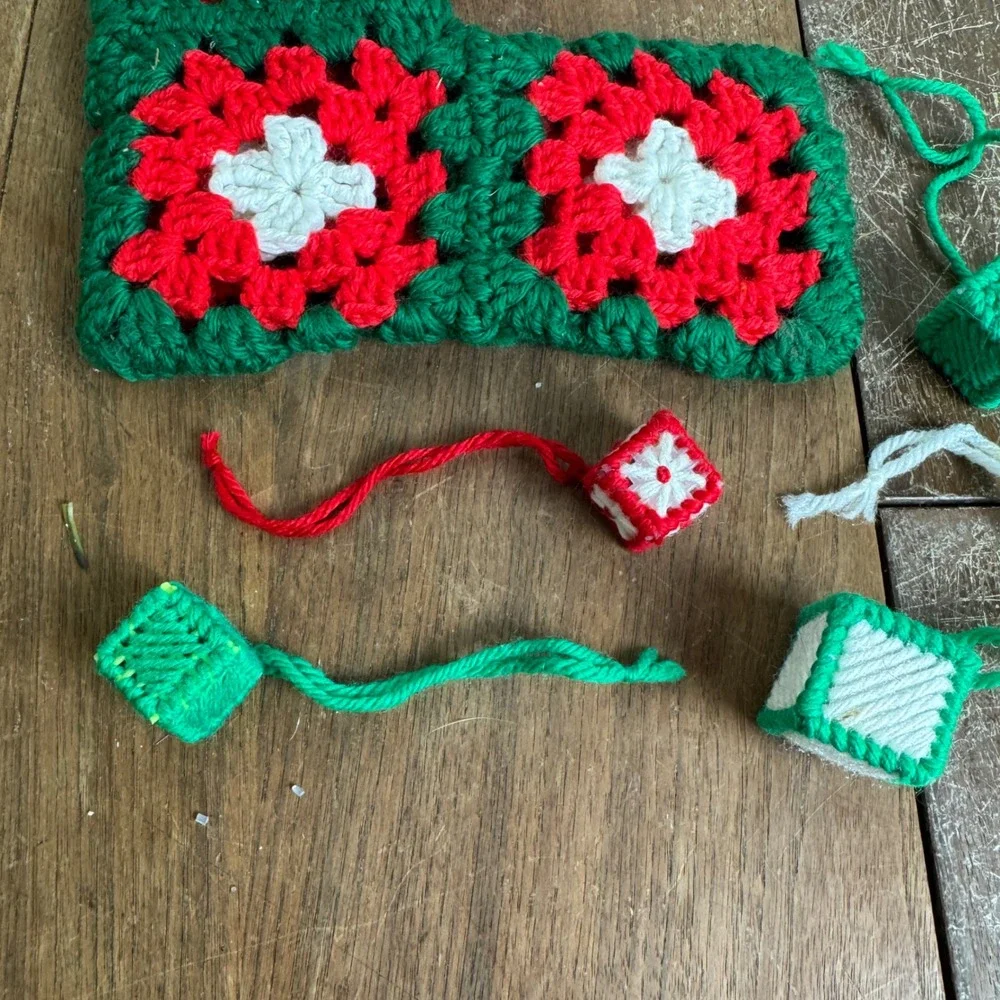 VINTAGE Christmas Granny Square Stocking Poinsettia Candle Various‎ Ornament LOT